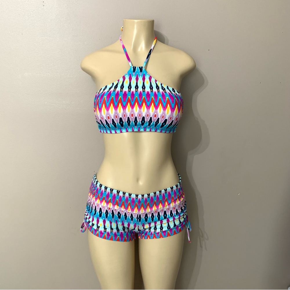 ATHLETA Boscabell Aztec Ikat Print High Neck Bikini Top Bottoms Swim Size S/M